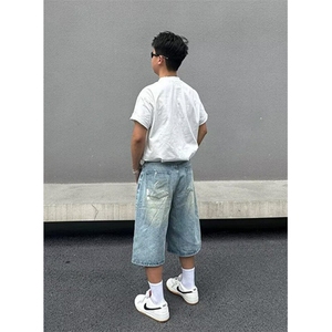 夏季复古泼墨水洗蓝色牛仔短裤男宽松设计感七分裤子 N7888图片