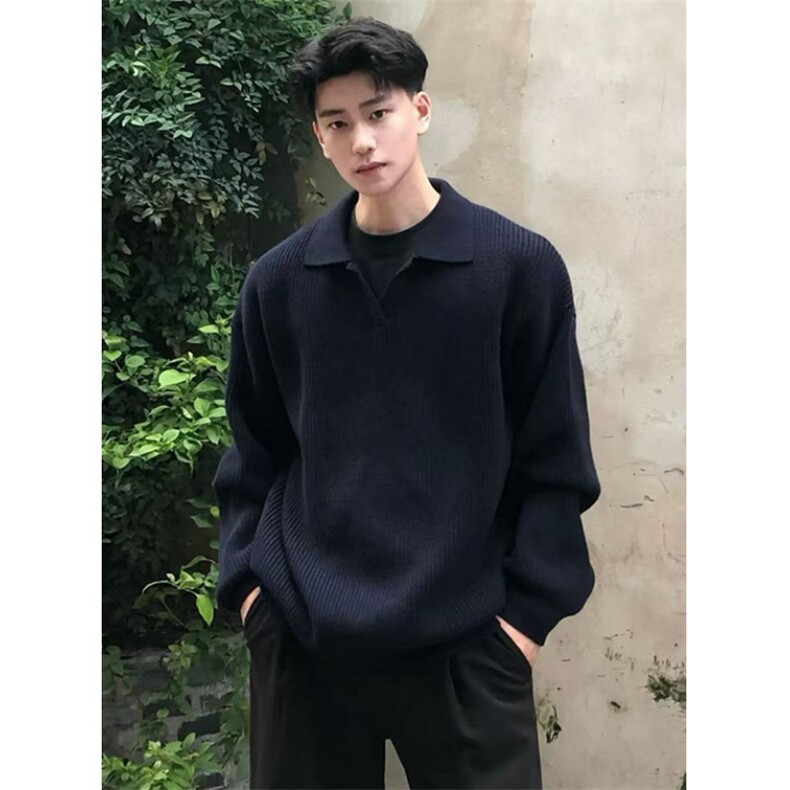 黑色polo领毛衣男秋冬美式复古套头针织衫慵懒高级感外套 M5015图片