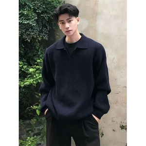 黑色polo领毛衣男秋冬美式复古套头针织衫慵懒高级感外套 M5015图片