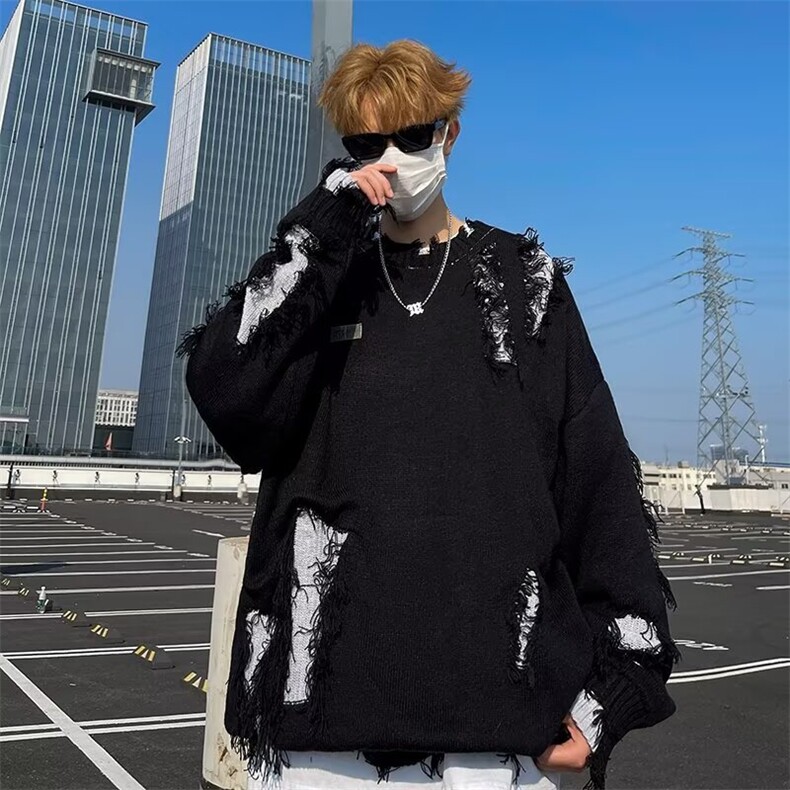 不规则破洞圆领针织衫男秋冬季街头慵懒风宽松情侣毛衣7178,男装针织衫/毛衣,星座506