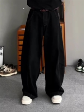 美式丹宁黑色弯刀阔腿牛仔裤男春秋潮牌宽松直筒拖地裤L21122-P42，男装牛仔裤，星座1008