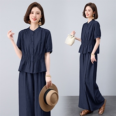 中年妈妈套装女亚麻天丝女2025夏季新款宽松遮肚子减龄阔腿裤，女装衬衫，曼沙奕珂