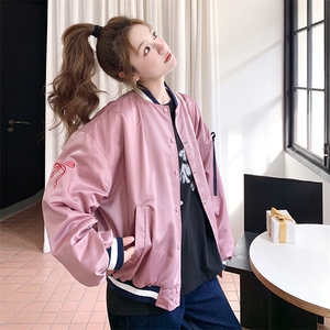 粉色蝴蝶结立领棒球服外套女2025年春秋季韩系学院风显瘦夹克上衣图片