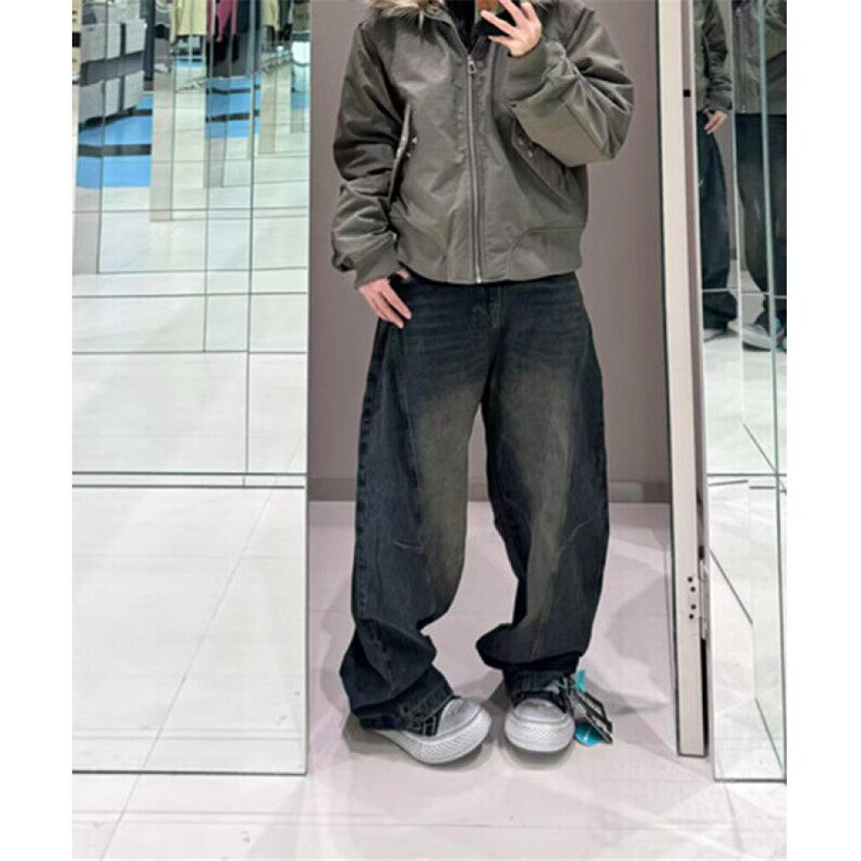 复古水洗解构弯刀牛仔裤男女宽松直筒美式休闲阔腿拖地裤N1049,男装牛仔裤,星座1116A（原606A-3）