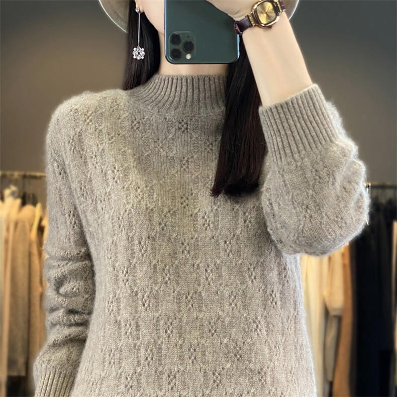 秋冬新款100%羊毛衫女半高领镂空钩花长袖毛衣宽松套头打底羊绒衫，女装羊毛衫，琳华羊绒