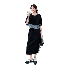 法式连衣裙女春秋2025拼接显瘦韩系宽松小个子气质黑色假两件裙子，女装连衣裙，2C029