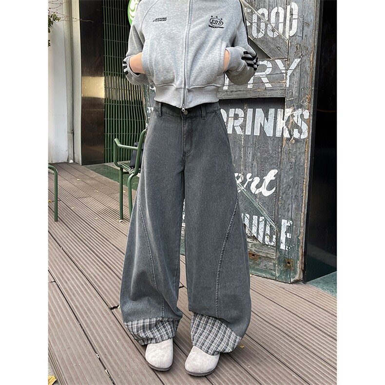 水洗做旧独特裤脚拼接设计感长裤工装版型牛仔阔腿裤K919P55控89,男装工装外套,电商A102B