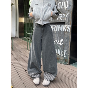 水洗做旧独特裤脚拼接设计感长裤工装版型牛仔阔腿裤K919P55控89图片