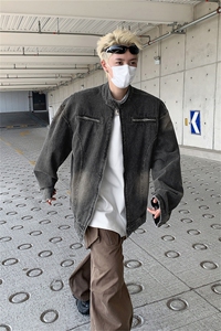 水洗黑包边拉链装饰设计感小众美式机车牛仔夹克短款外套痞帅上衣图片