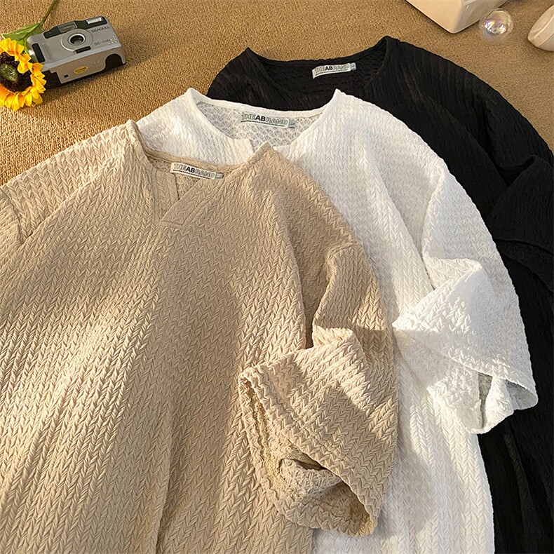 A316-1-Y117P35控58夏季2025新款 V 领肌理感宽松短袖男女冰丝T恤图片