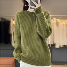 圆领羊毛针织衫女宽松软糯慵懒风羊毛时尚打底衫，女装羊毛衫，忠诺羊绒