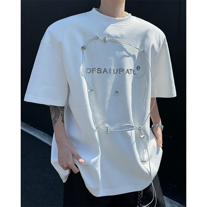 垫肩铆钉t恤男夏季设计感小众cleanfit上衣美式高街复古重磅短袖图片