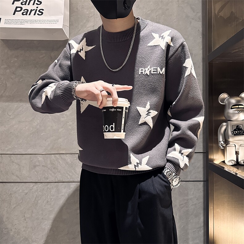 痞帅炸街撞色男士星星套头毛衣社会小伙店主风301C-M40-P68-控98图片