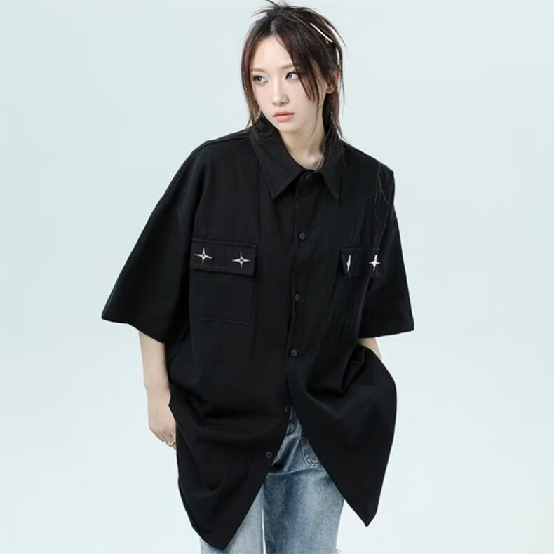 日系复古宽松短袖衬衫男女夏季工装外套衬衣中性小众上衣-CY86，男装衬衫，星座601-2