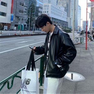 外套男士秋季时尚宽松机车服皮夹克男装韩版休闲时尚痞帅翻领皮衣图片