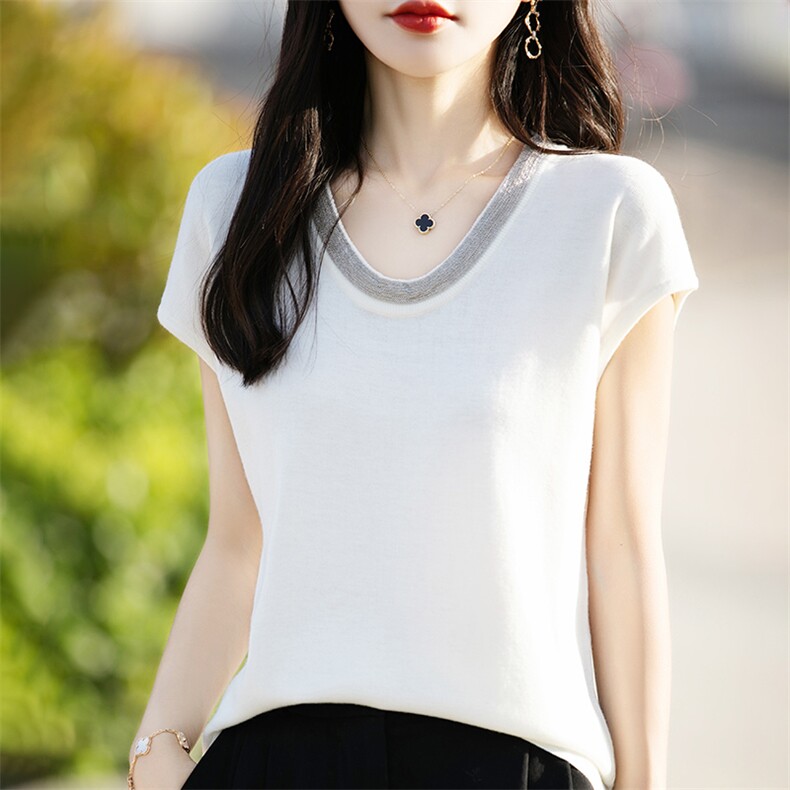 25夏季新款圆领大方简约针织衫女士宽松显瘦套头短袖T恤上衣背心，女装羊毛衫，朝贺羊绒