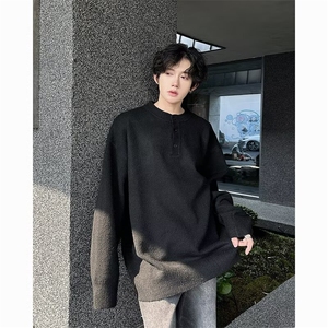 复古亨利领纽扣毛衣男款冬季灰色休闲宽松百搭针织上衣M6527图片