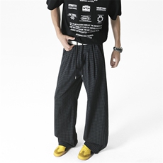 网红美式复古格子拼接假两件阔腿裤慵懒风休闲裤504-K241-P45控68，男装休闲裤，星座504