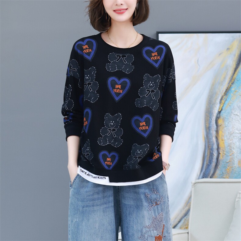 2023春装新款花色卫衣女韩版宽松中长款圆领气质休闲简约上衣,女装T恤,丽影随形