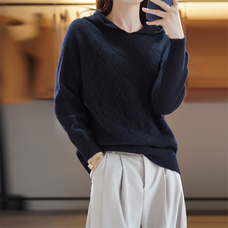 时尚百搭羊毛菱形花纹连帽毛衣女宽松显瘦长袖针织衫,女装羊毛衫,蒙莲贝斯