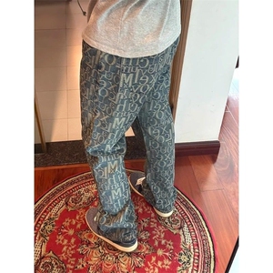 巴黎满印提花牛仔裤男潮牌设计感裤子直筒微喇休闲裤WYA24-P45图片