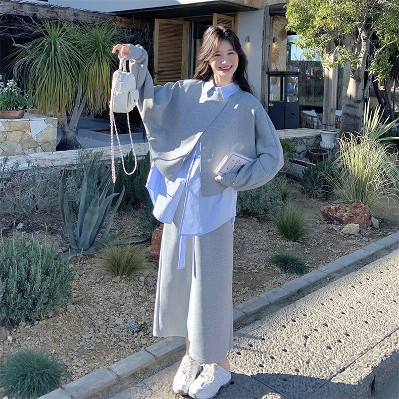 小众设计感黑色休闲套装女春季短款网红卫衣无袖衬衫半身裙三件套,女装套装/套裙,2C133