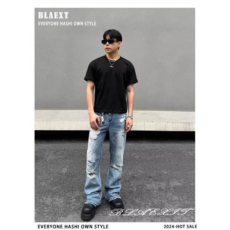 网络图现货高街复古破洞牛仔裤男痞帅直筒宽松裤子RB141-P60,男装牛仔裤,星座1005-4