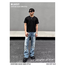 网络图现货高街复古破洞牛仔裤男痞帅直筒宽松裤子RB141-P60，男装牛仔裤，星座1005-4