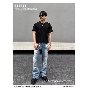网络图现货高街复古破洞牛仔裤男痞帅直筒宽松裤子RB141-P60图片