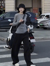 休闲卷边圆领薄款高街长袖，女装针织衫/毛衣，雪真羊绒