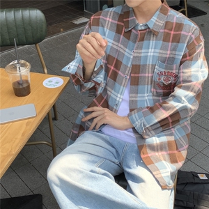 B413-1-DX868美式潮牌格子长袖衬衫宽松百搭休闲衬衣情侣绣花外套图片