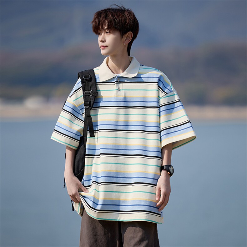 美式复古条纹Polo衫翻领短袖T恤百搭男士上衣225-2-8802-P45-控65，男装T恤，星座225-2