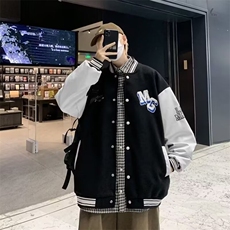 棒球领夹克宽松上衣毛巾绣毛呢上衣拼皮黑/蓝M-3XLJ501，男装夹克，星座1116A-1（原606A）