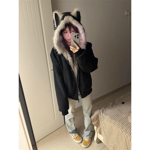 现货重磅硬挺boxy羽绒棉衣座山雕猫耳大毛毛领麂皮棉服冬外套图片