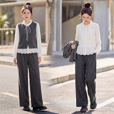 三件套女长裤居家纽扣长袖春季中高腰休闲2026年春季圆领开衫，女装套装/套裙，悦祺