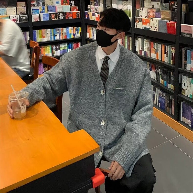 冬季新款美式复古休闲灰色慵懒风针织衫毛衣男开衫外套MZ900-P55图片