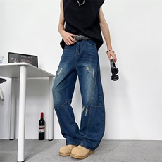 美式复古廓形弯刀牛仔裤男女宽松小众设计感立体剪裁裤子，男装牛仔裤，四季星座505
