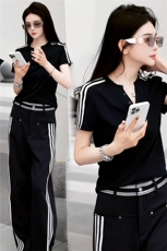 超火穿搭一整套时尚套装女夏季新款撞色拼接半开领上衣长裤两件套，女装套装/套裙，江南