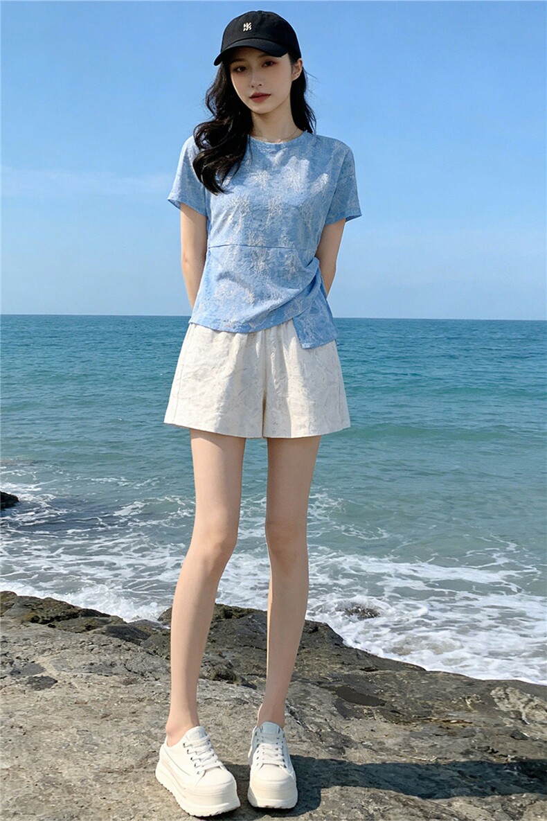 女夏新款时尚减龄套装圆领侧绑带晕染设计短袖上衣蕾丝短裤两件套,女装套装/套裙,江南