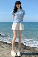 女夏新款时尚减龄套装圆领侧绑带晕染设计短袖上衣蕾丝短裤两件套，女装套装/套裙，江南