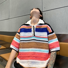 C347-P35夏季镂空条纹上衣2024新款彩色翻领针织衫polo衫男现货，男装针织衫/毛衣，星座512-6