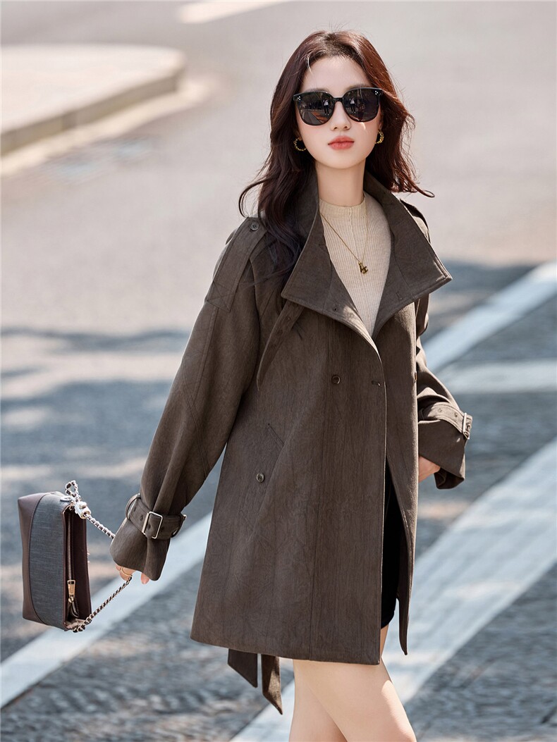 复古美拉德立领中长款风衣女2025春秋季新款系带收腰高级感外套,女装风衣,丽影随形