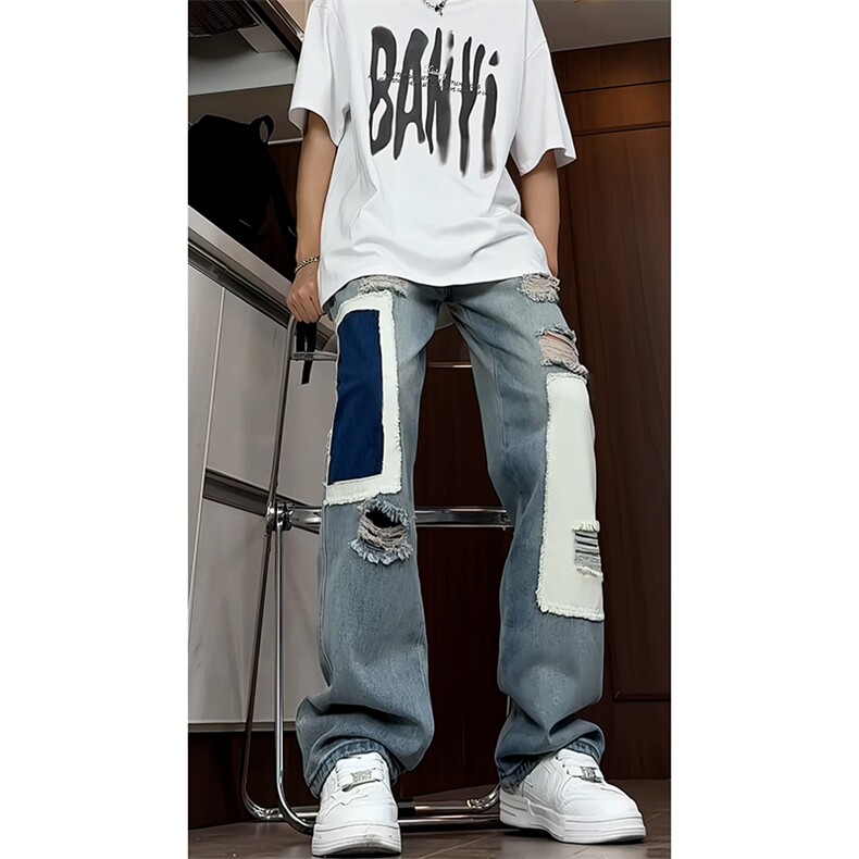B221美式ins高街小众个性拼接宽松破洞牛仔裤LK23099-P65控88,男装牛仔裤,电商B221