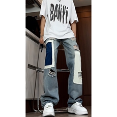 B221美式ins高街小众个性拼接宽松破洞牛仔裤LK23099-P65控88，男装牛仔裤，电商B221