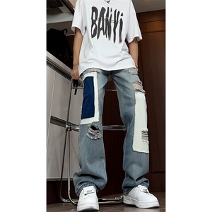 B221 美式ins高街小众个性拼接宽松破洞牛仔裤 LK23099-P65 控88图片