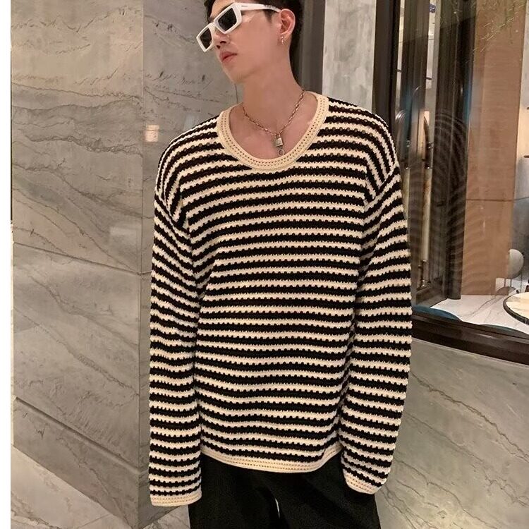 594-P33宽松型青少年长袖男设计感打底衫上衣潮休闲气质条纹,男装T恤,电商B323A