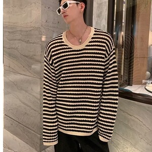594-P33 宽松型青少年长袖男设计感打底衫上衣潮休闲气质条纹图片