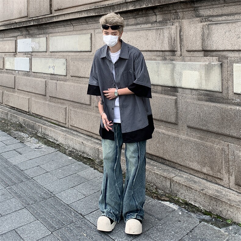 夏季日系复古假两件短袖衬衫男CityBoy休闲五分袖细条纹拼接衬衣图片