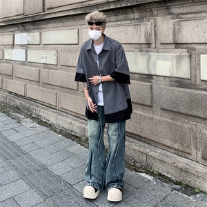 夏季日系复古假两件短袖衬衫男CityBoy休闲五分袖细条纹拼接衬衣图片