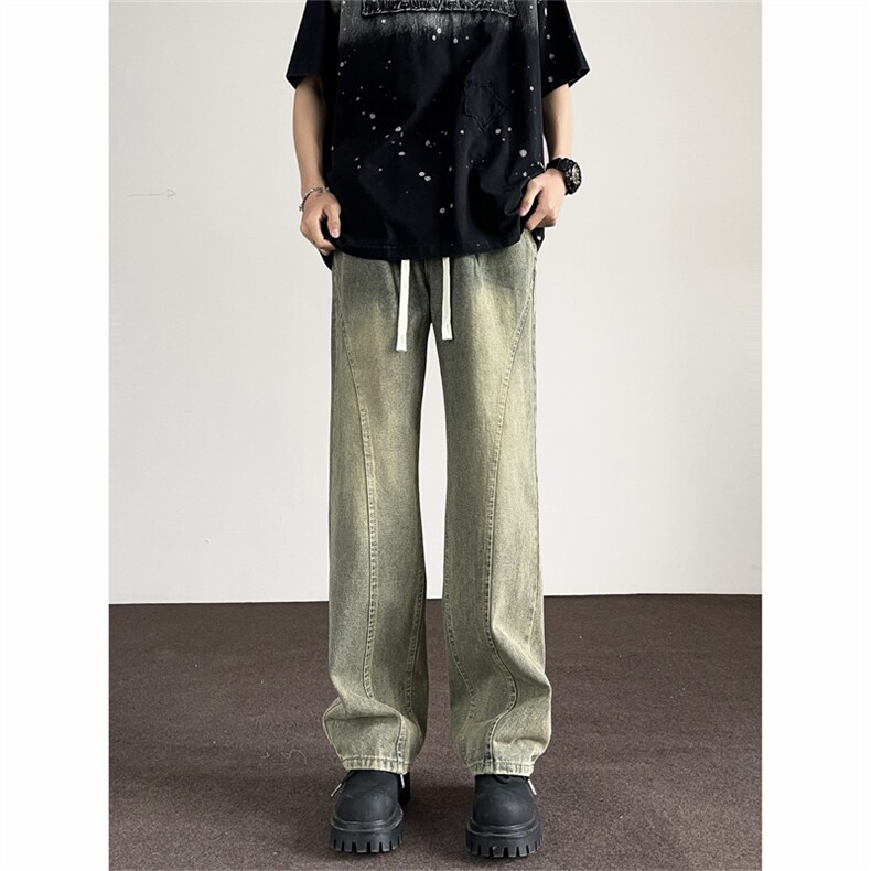 抽绳牛仔裤美式宽松直筒阔腿裤复古高街休闲裤N0759-P45,男装牛仔裤,星座308B-1